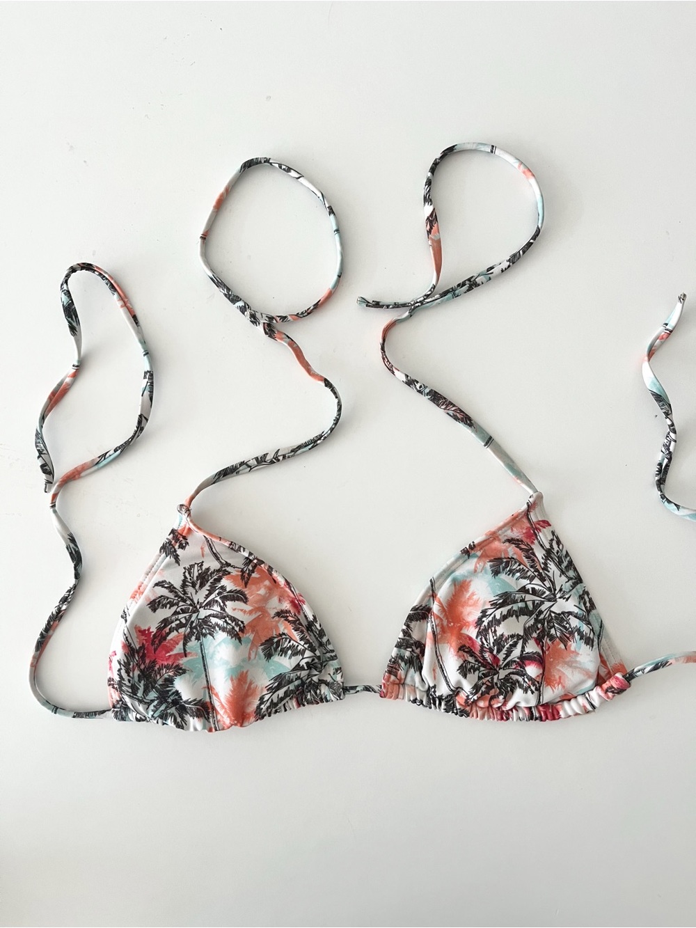 Reef Palm-Print Triangle Bikini Top - Coral, Teal & Black